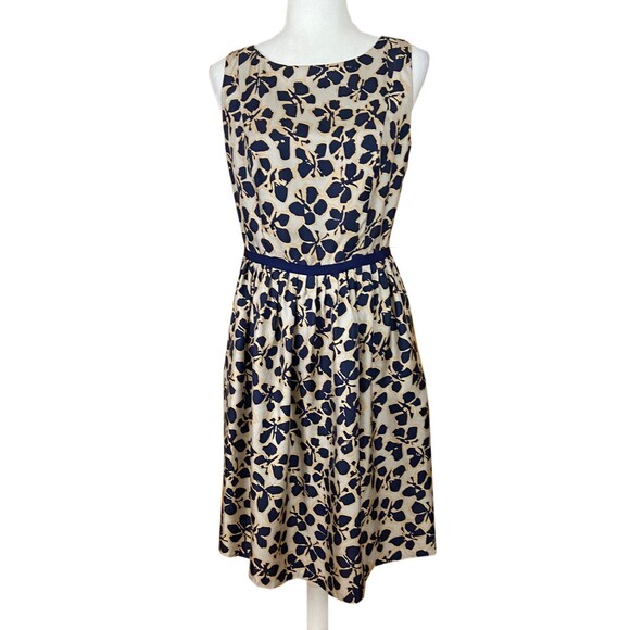 Carmen Marc Valvo Silk Fit & Flare Dress Size 8 Navy Tan Butterflies Sleeveless - Picture 1 of 7
